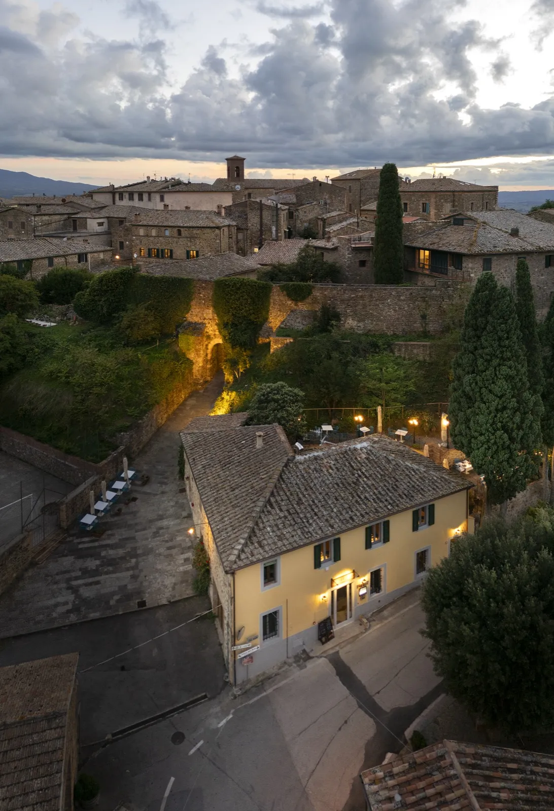 Sant'Angelo in Colle at sunset, looking toward the Hosteria